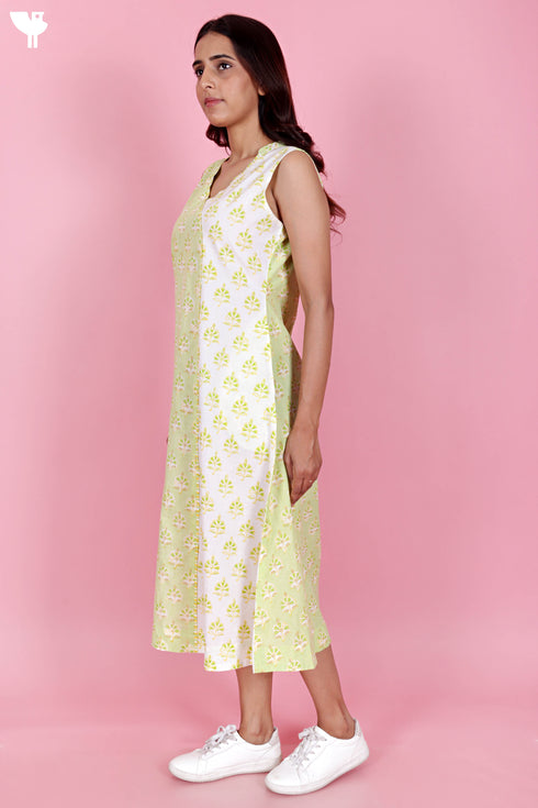 Cambric Cotton Sleeveless Dress  In Block Print